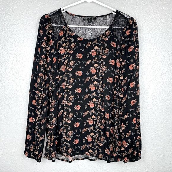 Forever 21+ Womens Floral Print Round Neck Long Sleeve Pullover Top Black XL - Picture 1 of 8